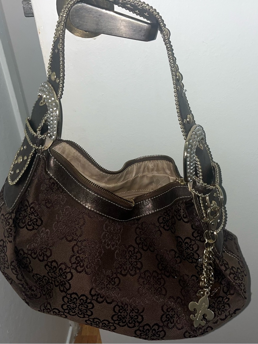 Kathy Van Zeeland Brown Floral Jacquard Shoulder Bag with Gold Hardware